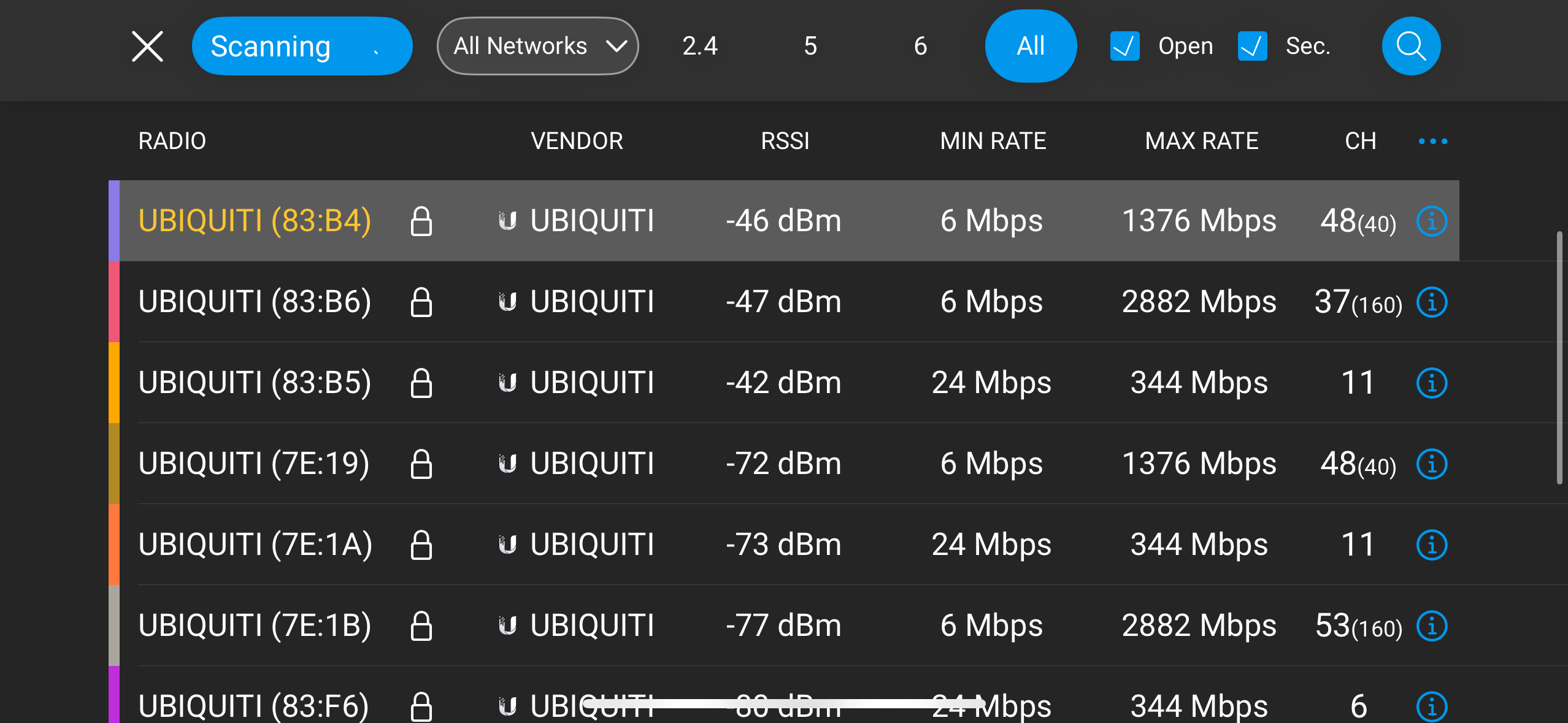 Übersicht aller erreichbaren Access Points, dargestellt in der iPhone-App